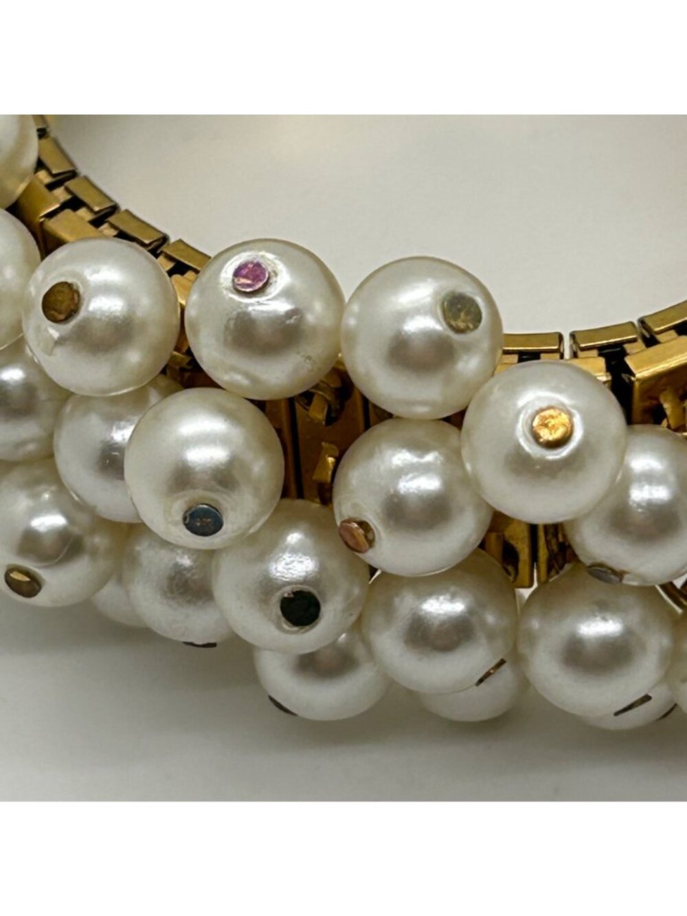 Vintage Faux Pearl Cha-Cha Stretch Bracelet With Gold-Toned Expansion Design - Picture 6 of 10
